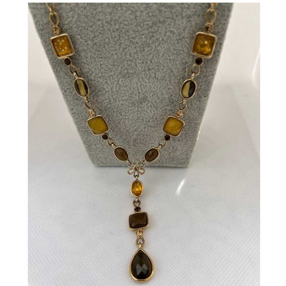 Trifari Y-Necklace Gold Tone Amber Brown Resin Stone Earth Tones